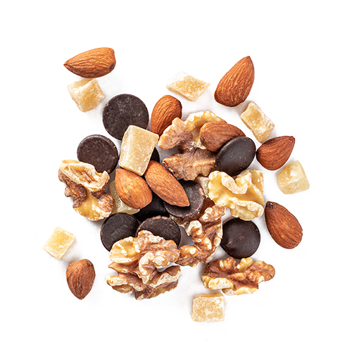 ginger staycation: crystallized ginger, toasted almonds, walnuts and 70% dark chocolate buttons snack mix