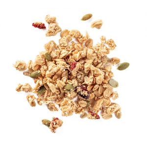 goji granola: snack mix made of oats, dried cranberries, sesame seeds, coconut, pumpkin seeds, goji berries, hemp seeds, and almonds