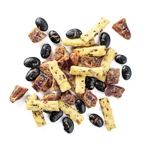 temple stay snack mix made of roasted black beans, puffed wild rice sticks and dried dates