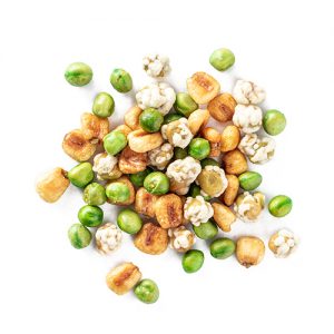 weekend crunch snack mix made of roasted corn nuts, wasabi peas, and roasted peas